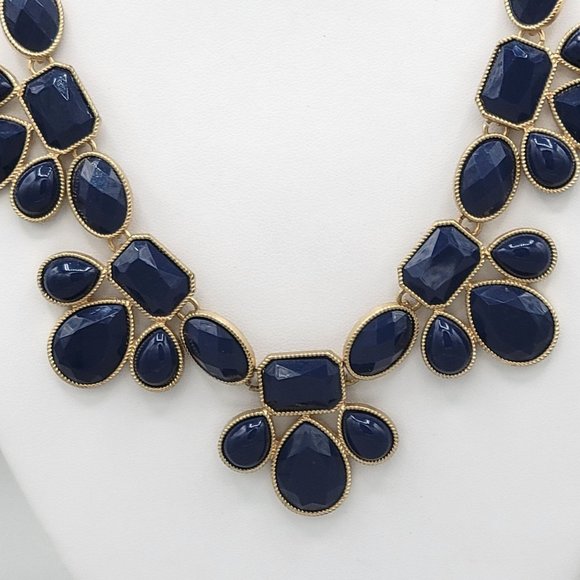 Womens Gold Tone Link Statement Necklace Dark Blue Acrylic Cabochon Beads - Picture 4 of 6